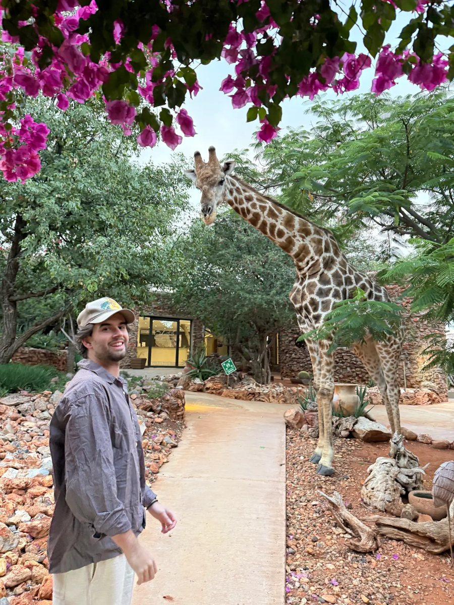 Connor smiling beside a giraffe under pink bougainvillea